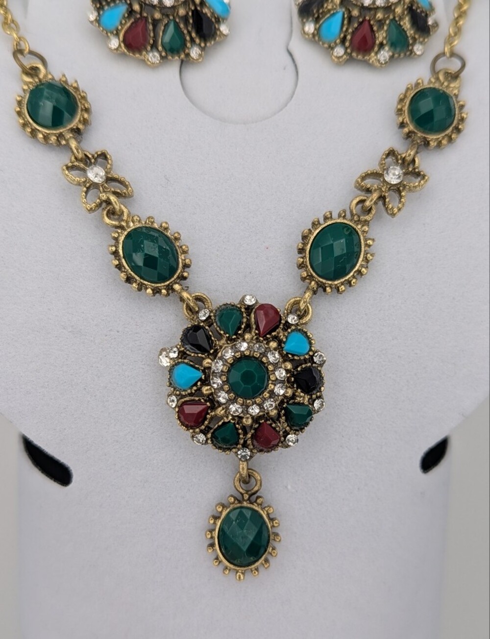Multicolor Gemstone Medallion Necklace Earring Set Gold Tone Bollywood Wedding - Picture 3 of 7